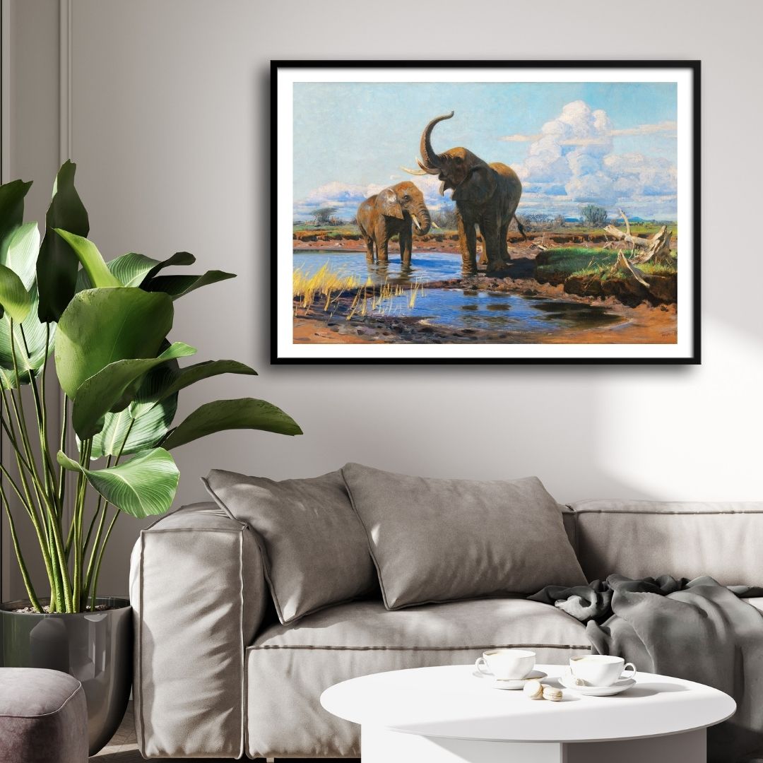 Majestic Waters – Elephants at the Riverbank 2 : 3 Horizontal Premium Wall Art Canvas by MeriDeewar