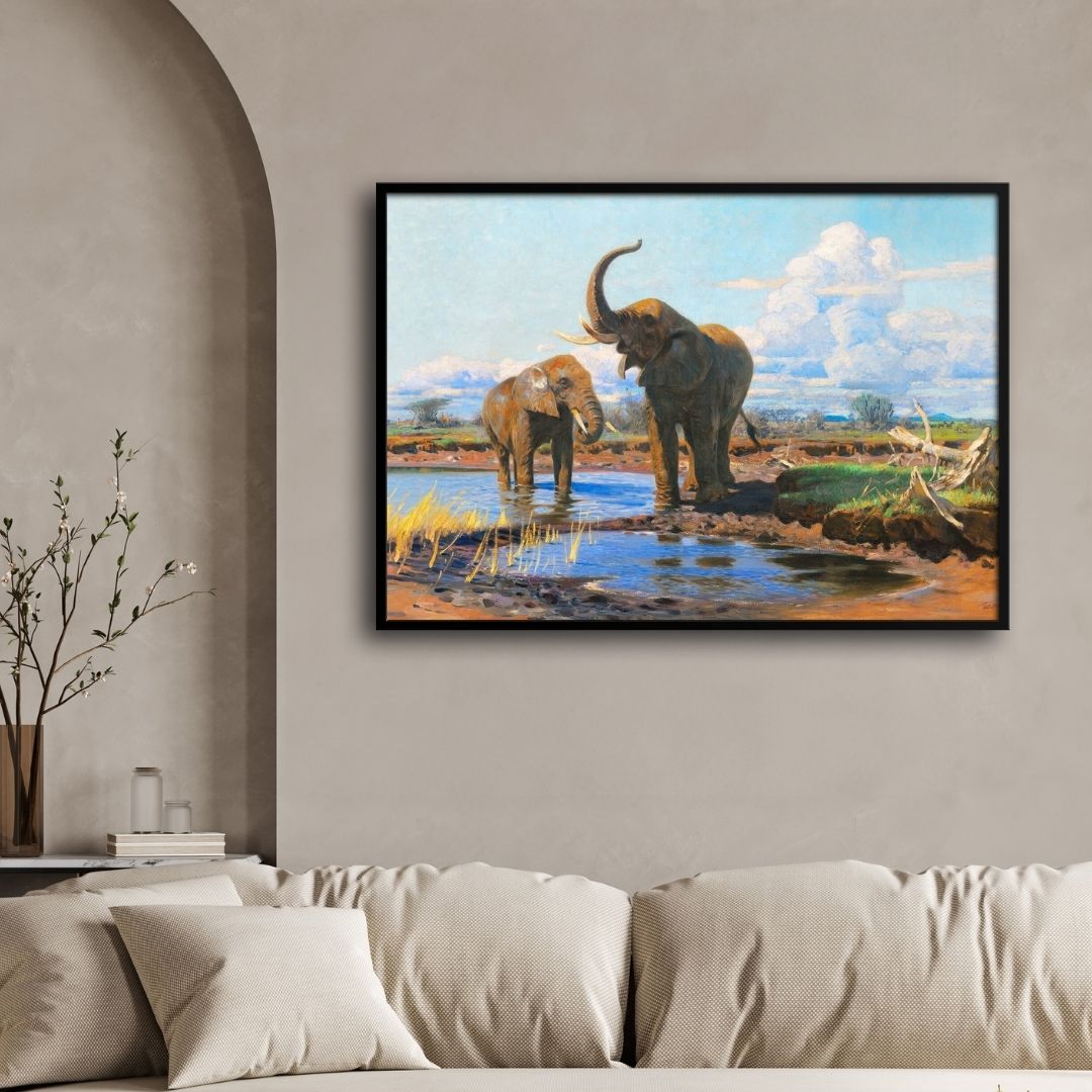 Majestic Waters – Elephants at the Riverbank 2 : 3 Horizontal Premium Wall Art Canvas by MeriDeewar