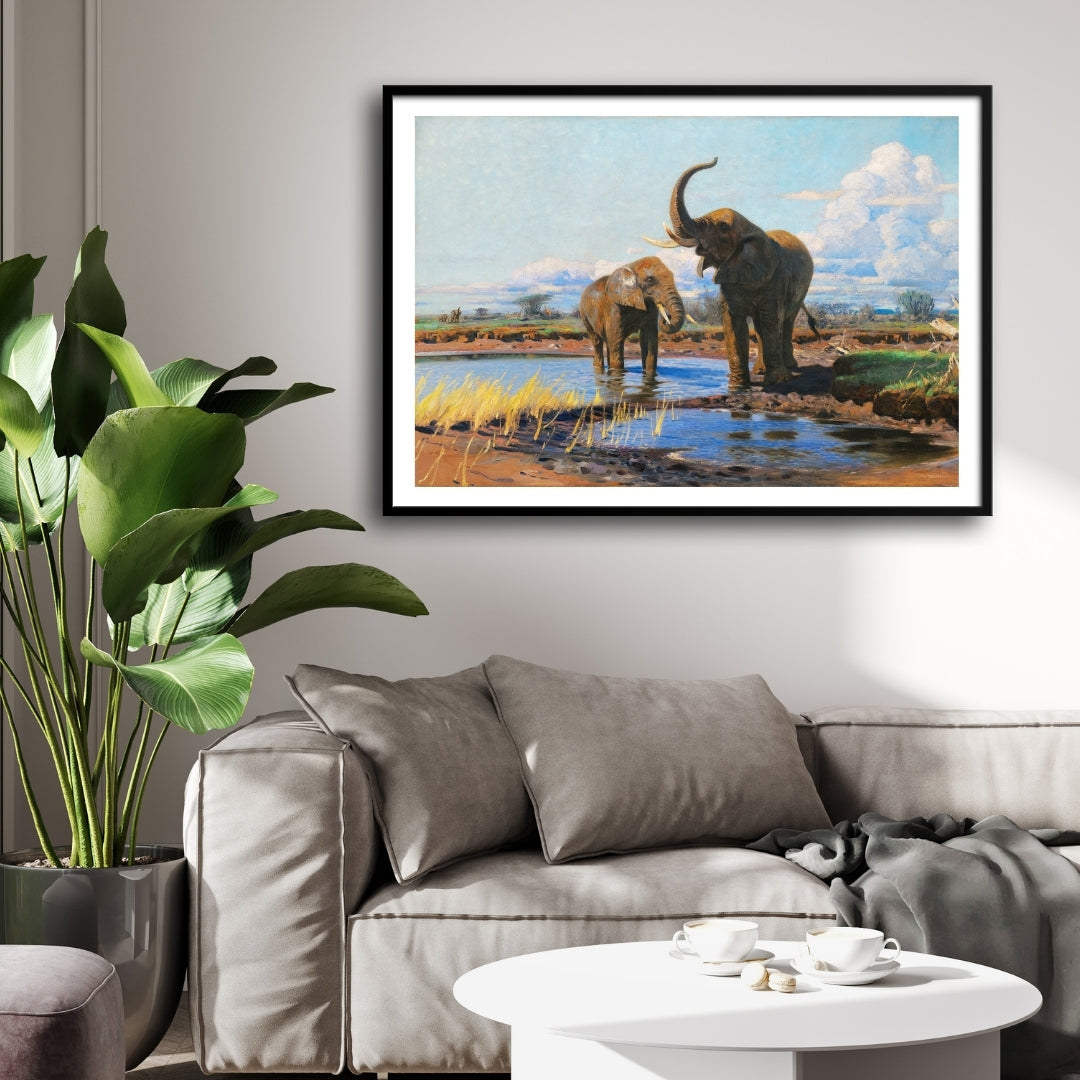 Majestic Waters – Elephants at the Riverbank 2 : 3 Horizontal Premium Wall Art Canvas by MeriDeewar