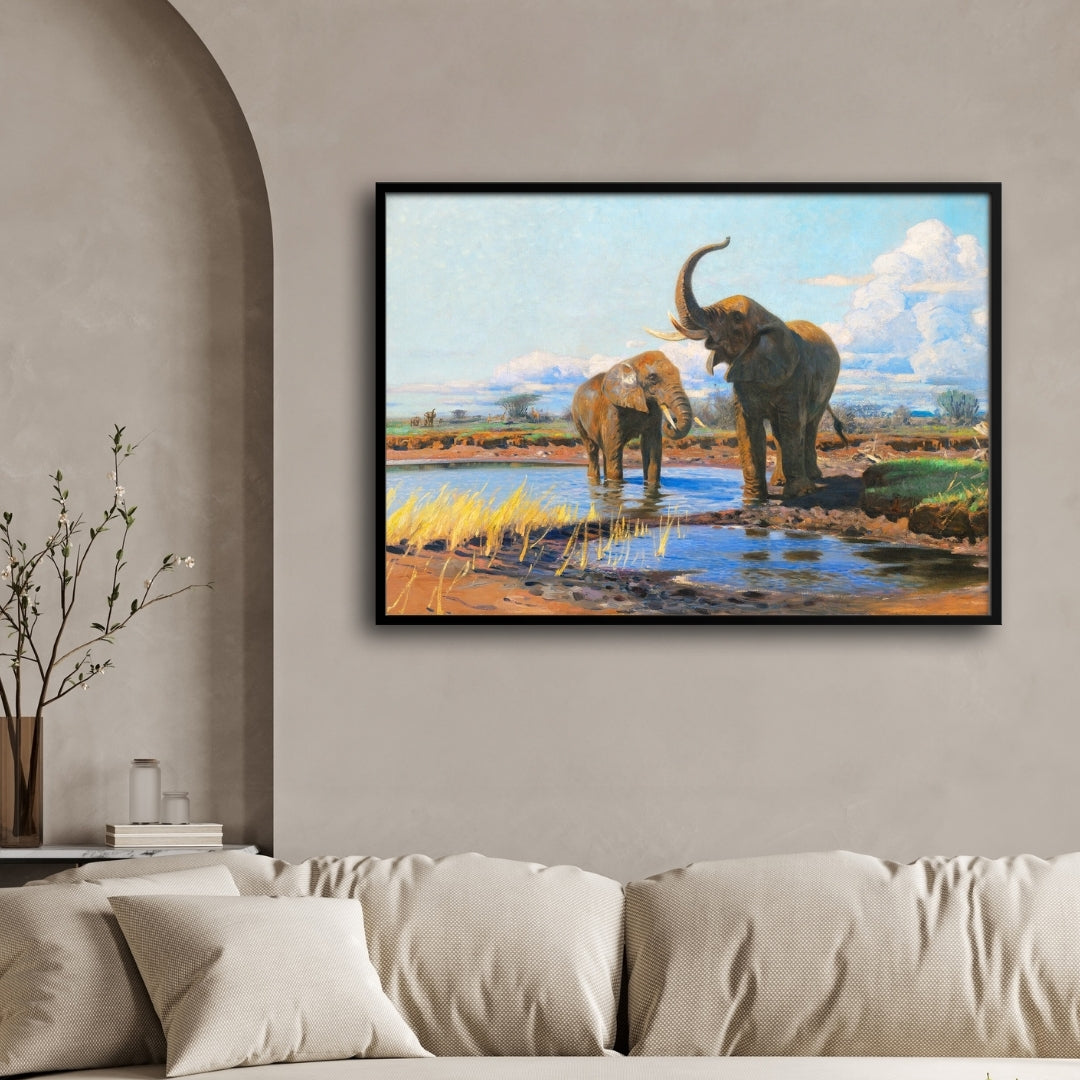 Majestic Waters – Elephants at the Riverbank 2 : 3 Horizontal Premium Wall Art Canvas by MeriDeewar