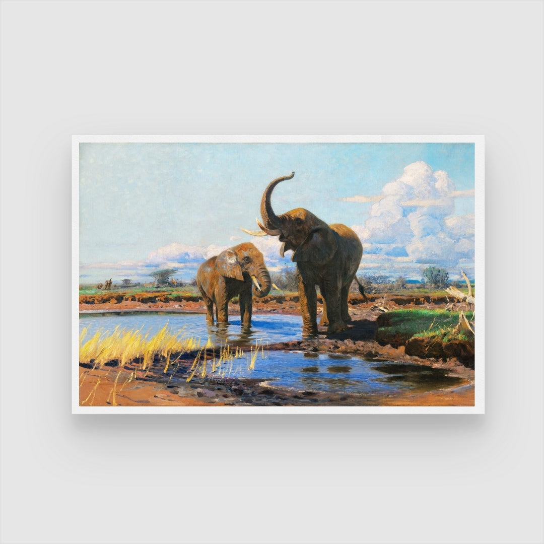 Majestic Waters – Elephants at the Riverbank 2 : 3 Horizontal Premium Wall Art Canvas by MeriDeewar