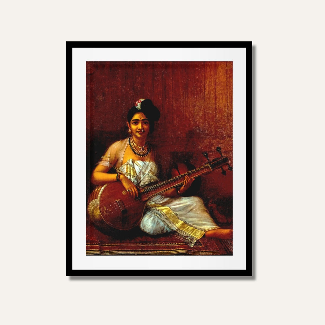 Malabar Lady with Veena Painting – Classical Indian Art for Elegant Interiors | MeriDeewar 3 : 4 Vertical Premium Wall Art Canvas by MeriDeewar