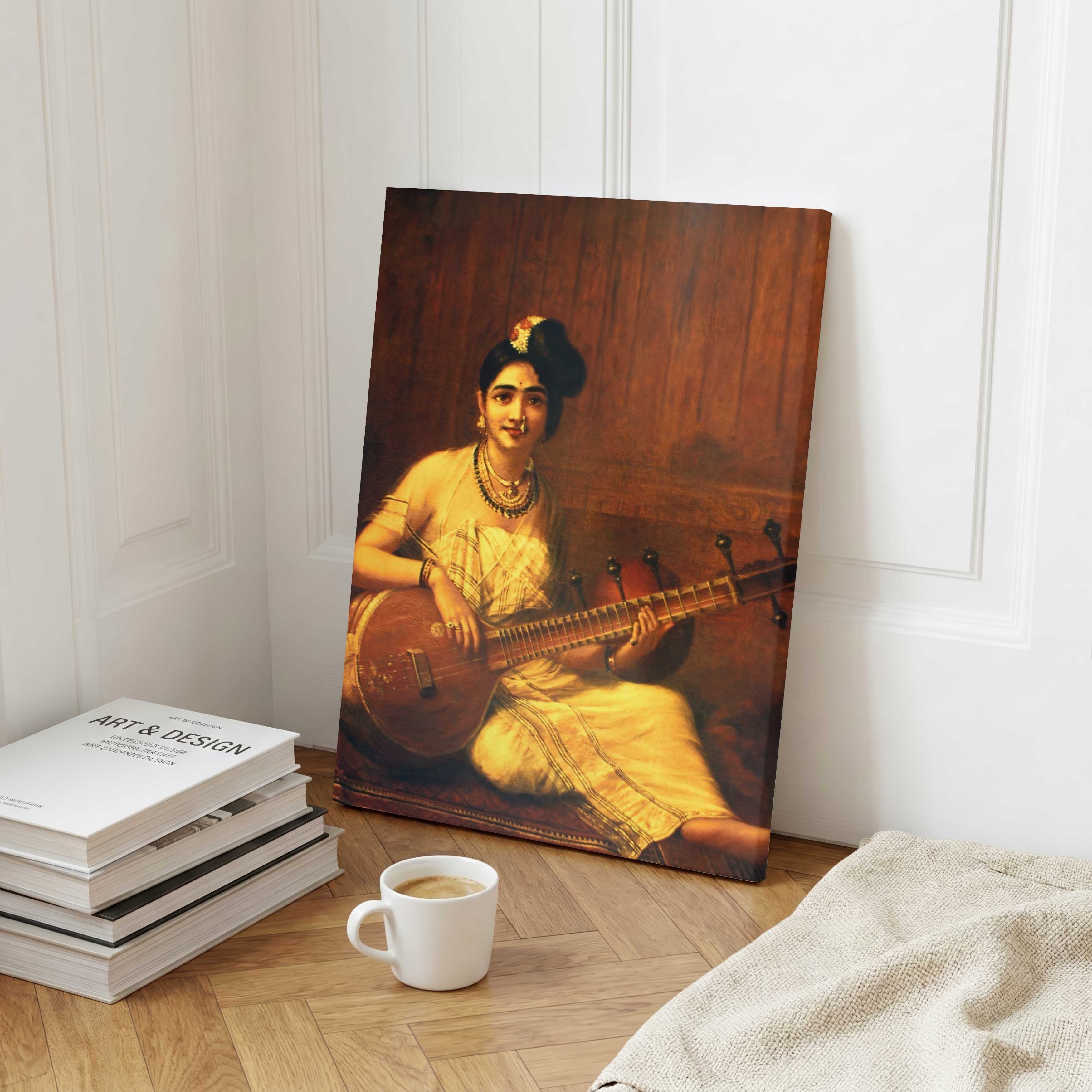 Malabar Lady with Veena – Raja Ravi Varma Painting for Living Room | Classical Indian Wall Art 3 : 4 Vertical Premium Wall Art Canvas by MeriDeewar
