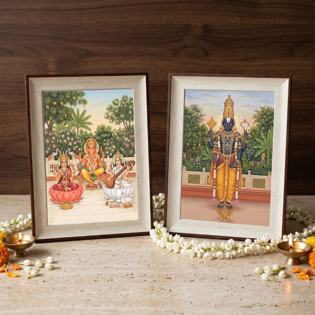 Mangalam | Lakshmi Ganesha Saraswati & Lord Venkateswara Set of 2 Framed Art Curate Premium Wall Art Canvas by MeriDeewar