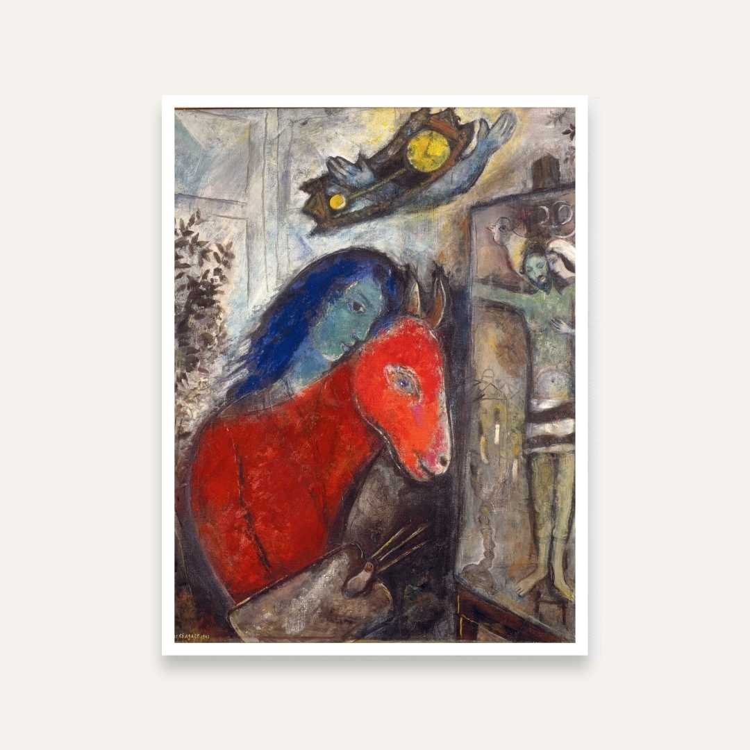 Marc Chagall Self Portrait Red Horse Painting for Living Room | Surreal Wall Art Print 3 : 4 Vertical Premium Wall Art Canvas by MeriDeewar