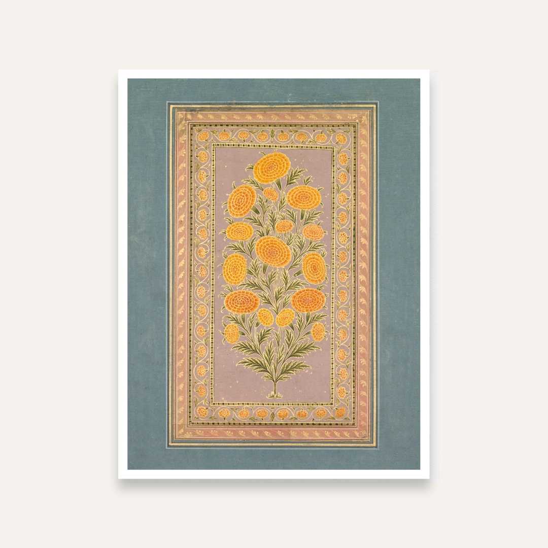 Marigold Flower Painting for Living Room | Mughal Botanical Wall Art | Giclée Print 4 X 5.5 Vertical Premium Wall Art Canvas by MeriDeewar