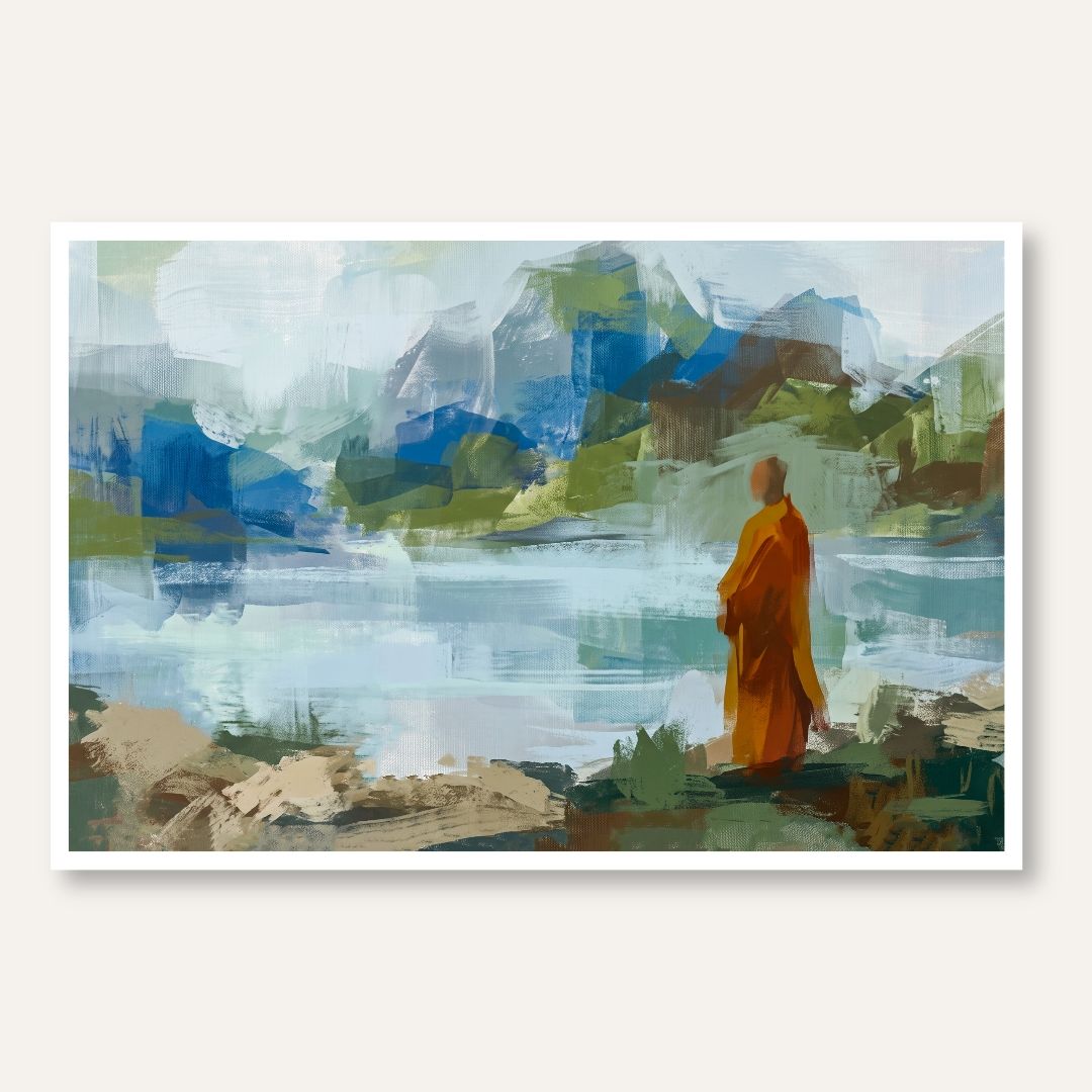 Meditating Monk by the Lake | Buddhist Wall Art 3 : 2 Horizontal Premium Wall Art Canvas by MeriDeewar