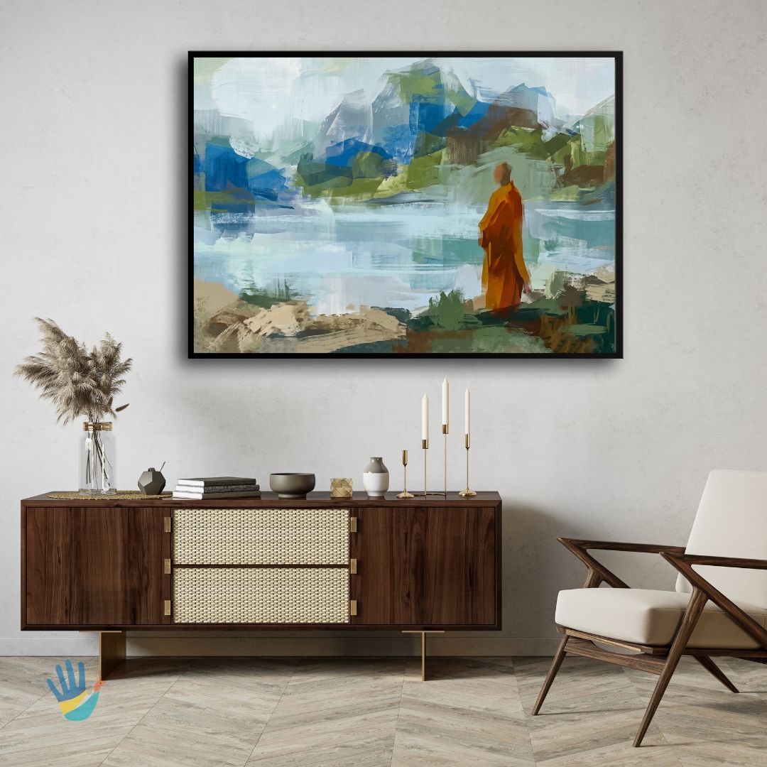 Meditating Monk by the Lake | Buddhist Wall Art 3 : 2 Horizontal Premium Wall Art Canvas by MeriDeewar