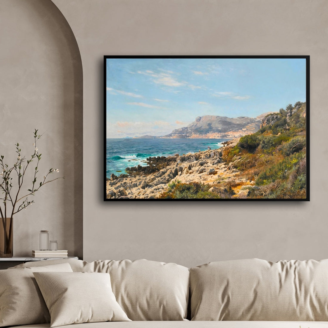 Mediterranean Coastline – Realistic Seaside Landscape Art 2 : 3 Horizontal Premium Wall Art Canvas by MeriDeewar