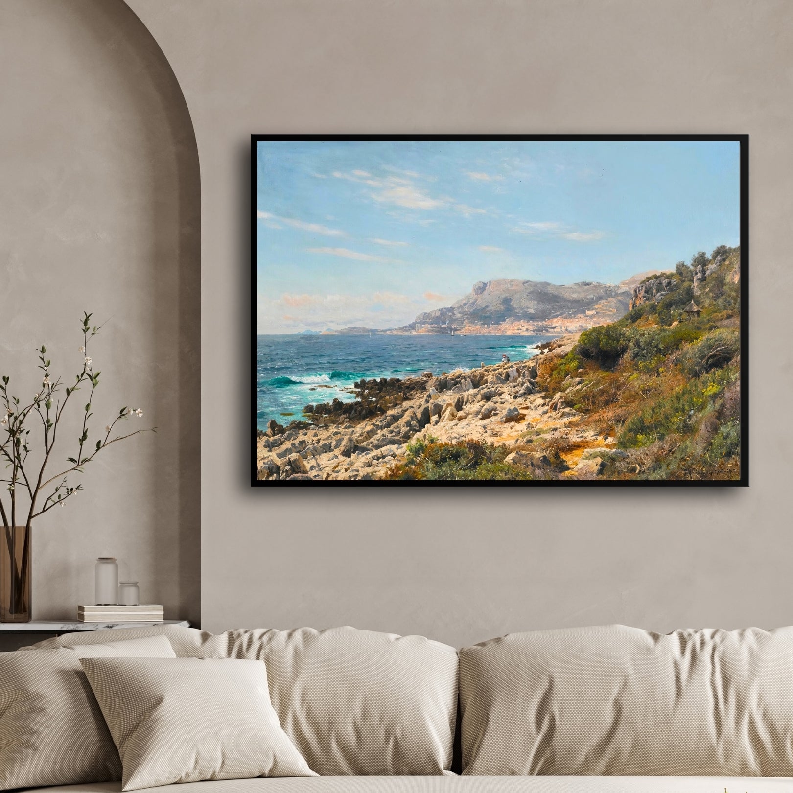 Mediterranean Coastline – Realistic Seaside Landscape Art 2 : 3 Horizontal Premium Wall Art Canvas by MeriDeewar