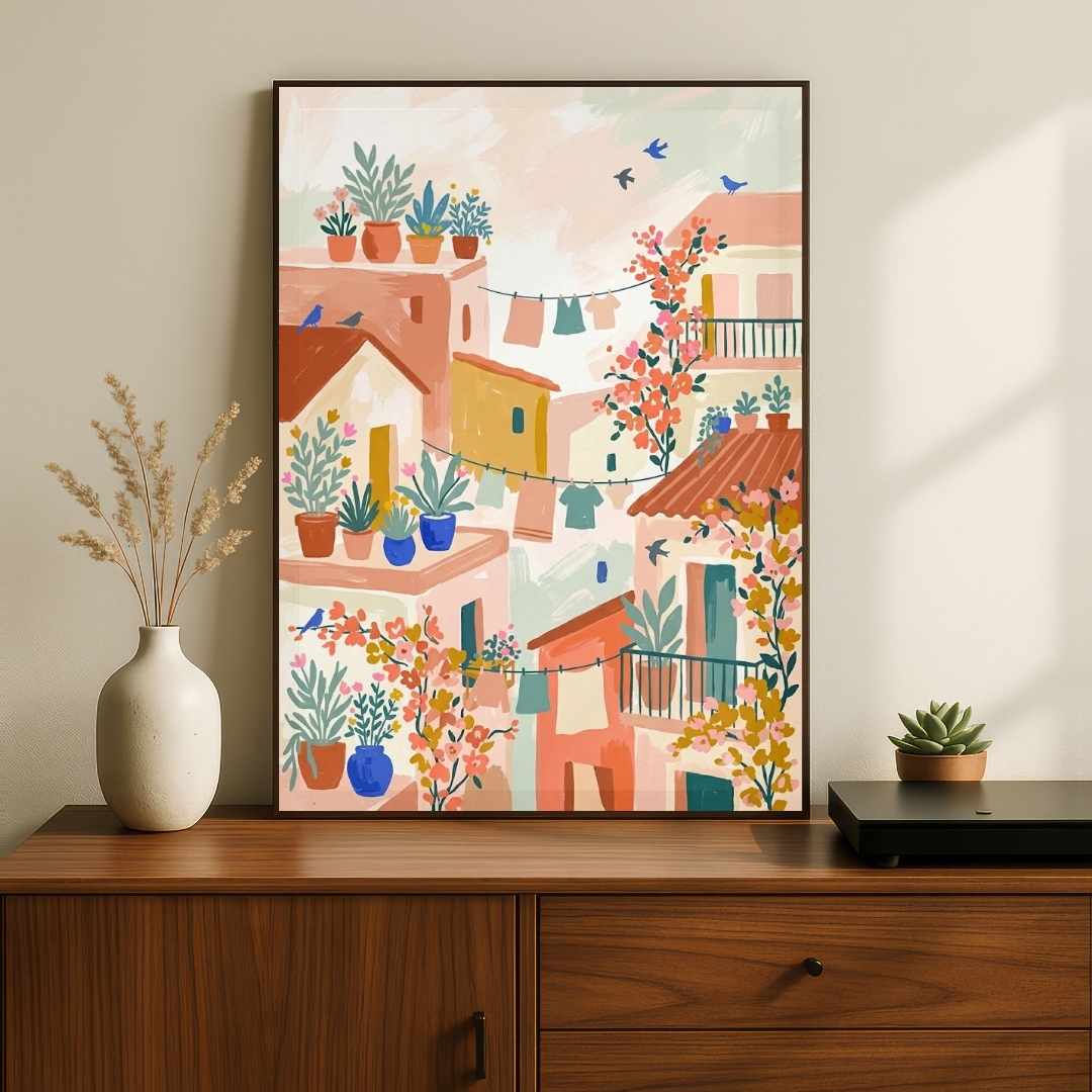 "Mediterranean Village Rooftops" Sunny Town Art Poster | Vertical Borderless Art Frame Poster Premium Wall Art Canvas by MeriDeewar