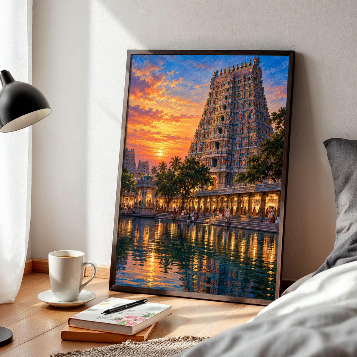 Meenakshi Amman Temple | Sacred South Indian Gopuram Sunset Gallery Wrap Canvas Curate Black Premium Wall Art Canvas by MeriDeewar
