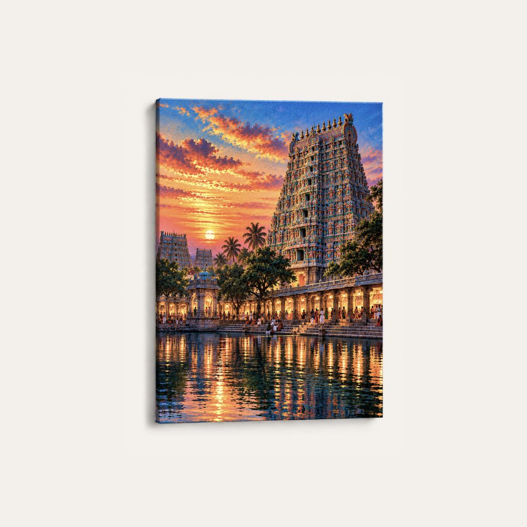 Meenakshi Amman Temple | Sacred South Indian Gopuram Sunset Gallery Wrap Canvas Curate Premium Wall Art Canvas by MeriDeewar