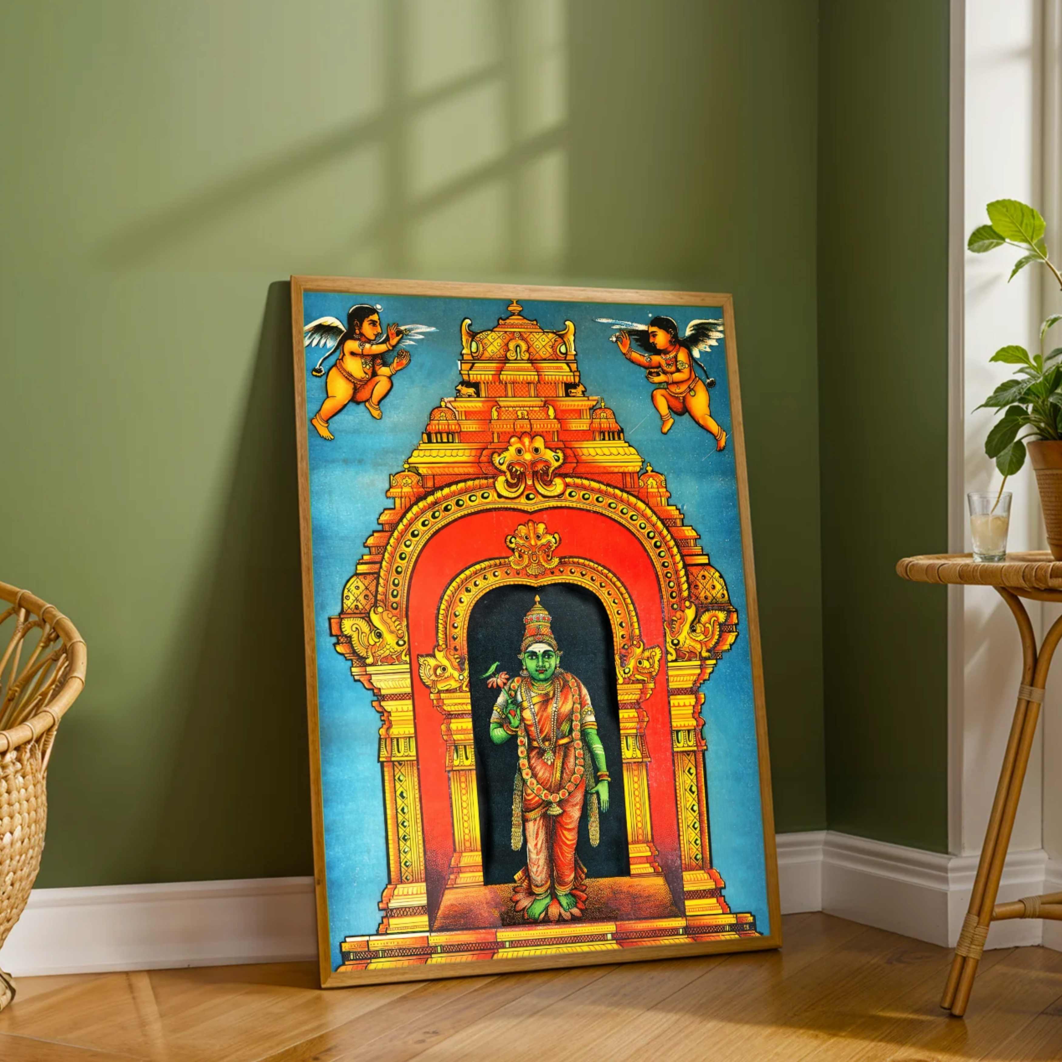 Meenakshi Temple Painting for Pooja Room | Raja Ravi Varma Spiritual Wall Art 2 : 3 Vertical Premium Wall Art Canvas by MeriDeewar
