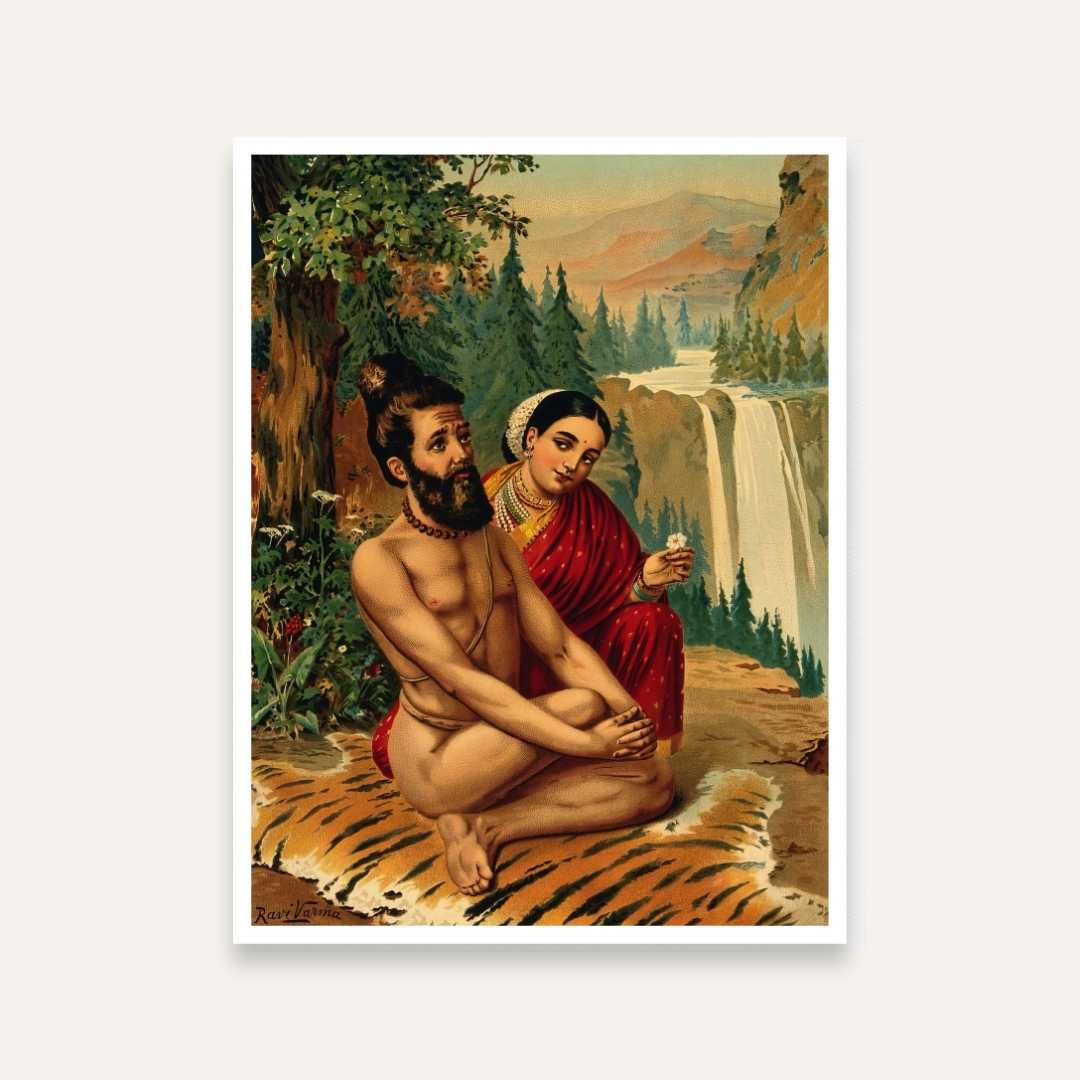 Menaka Tempting Vishwamitra Painting – Raja Ravi Varma Indian Mythology Wall Art | MeriDeewar 4 X 5.5 Vertical Premium Wall Art Canvas by MeriDeewar