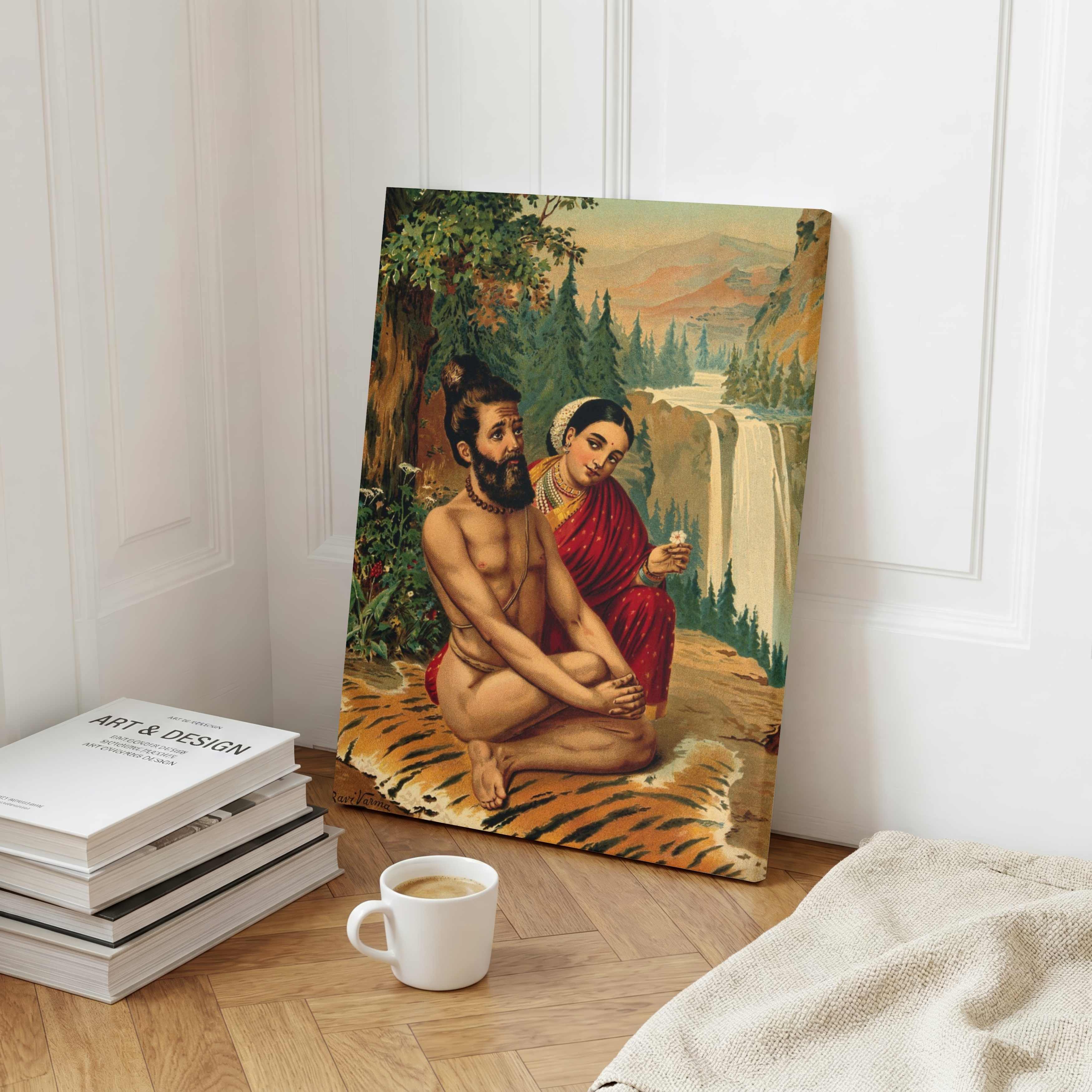 Menaka Vishwamitra Painting by Raja Ravi Varma | Spiritual Indian Mythology Wall Art for Home 3 : 4 Vertical Premium Wall Art Canvas by MeriDeewar