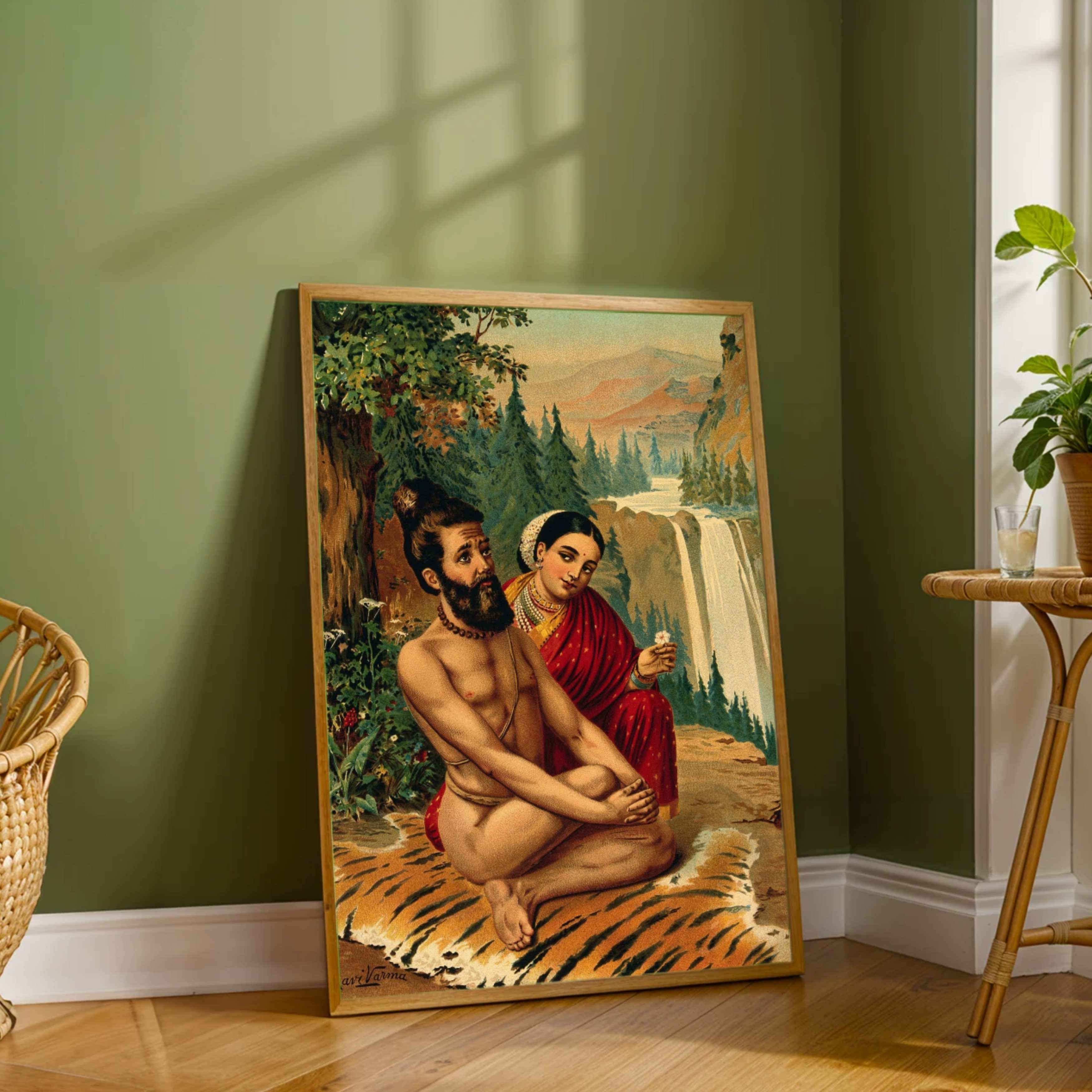 Menaka Vishwamitra Painting by Raja Ravi Varma | Spiritual Indian Mythology Wall Art for Home 3 : 4 Vertical Premium Wall Art Canvas by MeriDeewar