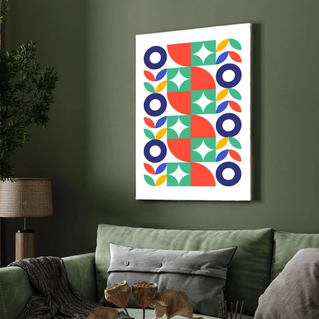 Mid-Century Geometric Botanical Wall Art | Retro Colorful Framed Print 2 : 3 Vertical Premium Wall Art Canvas by MeriDeewar