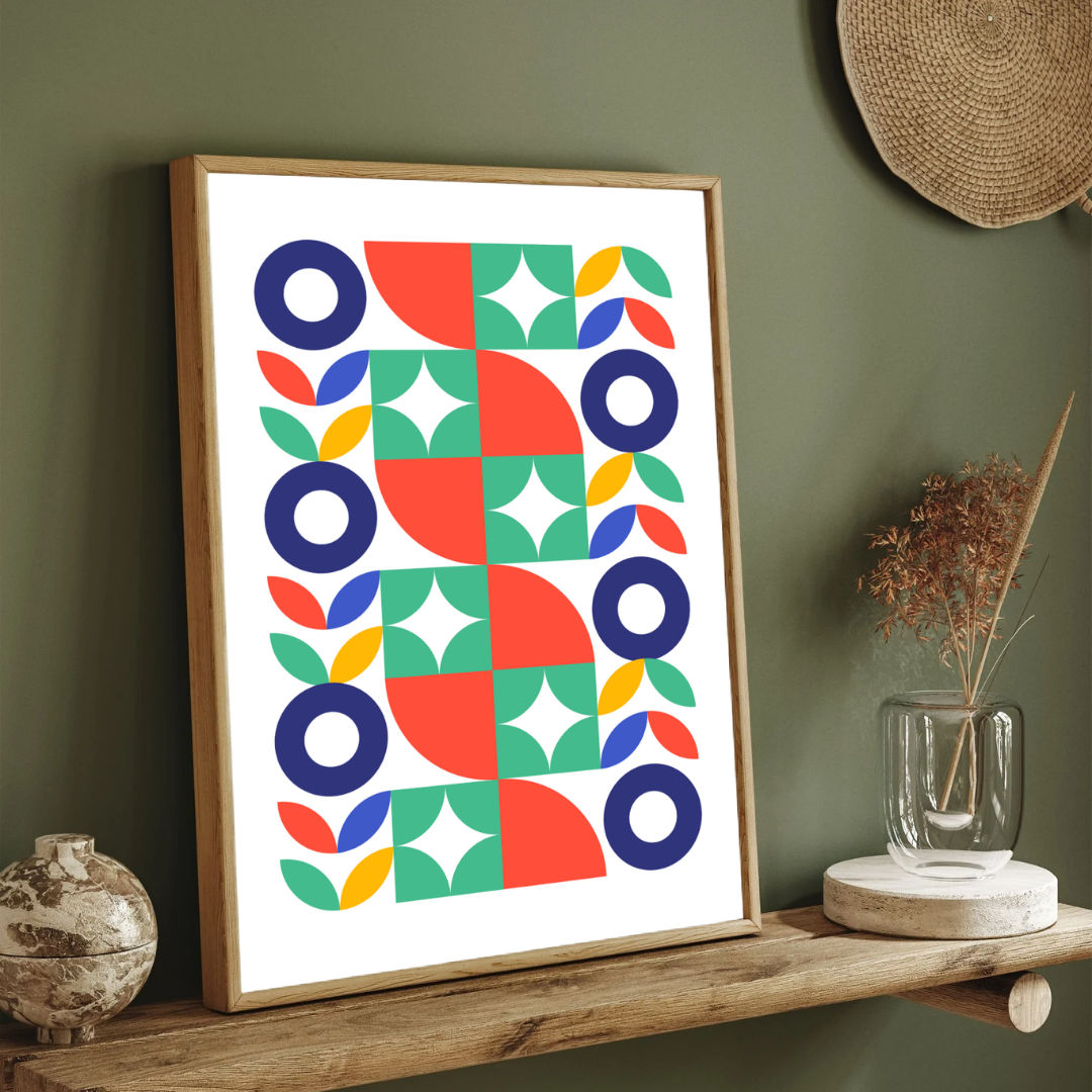 Mid-Century Geometric Botanical Wall Art | Retro Colorful Framed Print 2 : 3 Vertical Premium Wall Art Canvas by MeriDeewar