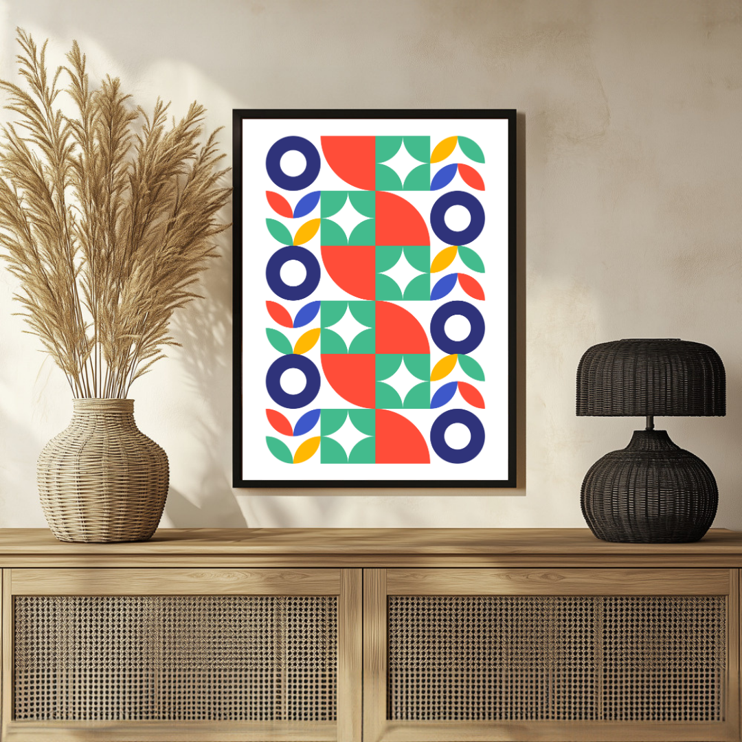Mid-Century Geometric Botanical Wall Art | Retro Colorful Framed Print 2 : 3 Vertical Premium Wall Art Canvas by MeriDeewar