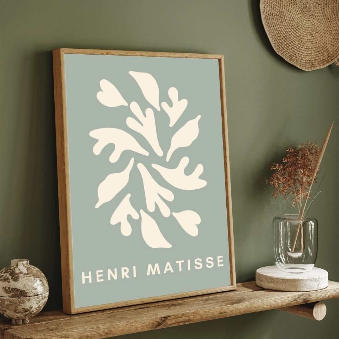 Mid-Century Henri Matisse Inspired Sage Green Cut-Outs Poster | Vertical Contemporary Abstract White Framed Wall Art 2 : 3 Vertical Premium Wall Art Canvas by MeriDeewar
