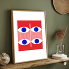 Mid-Century Pop Art Geometric Eyes Wall Art | Retro Red & Blue Framed Print 2 : 3 Vertical Premium Wall Art Canvas by MeriDeewar
