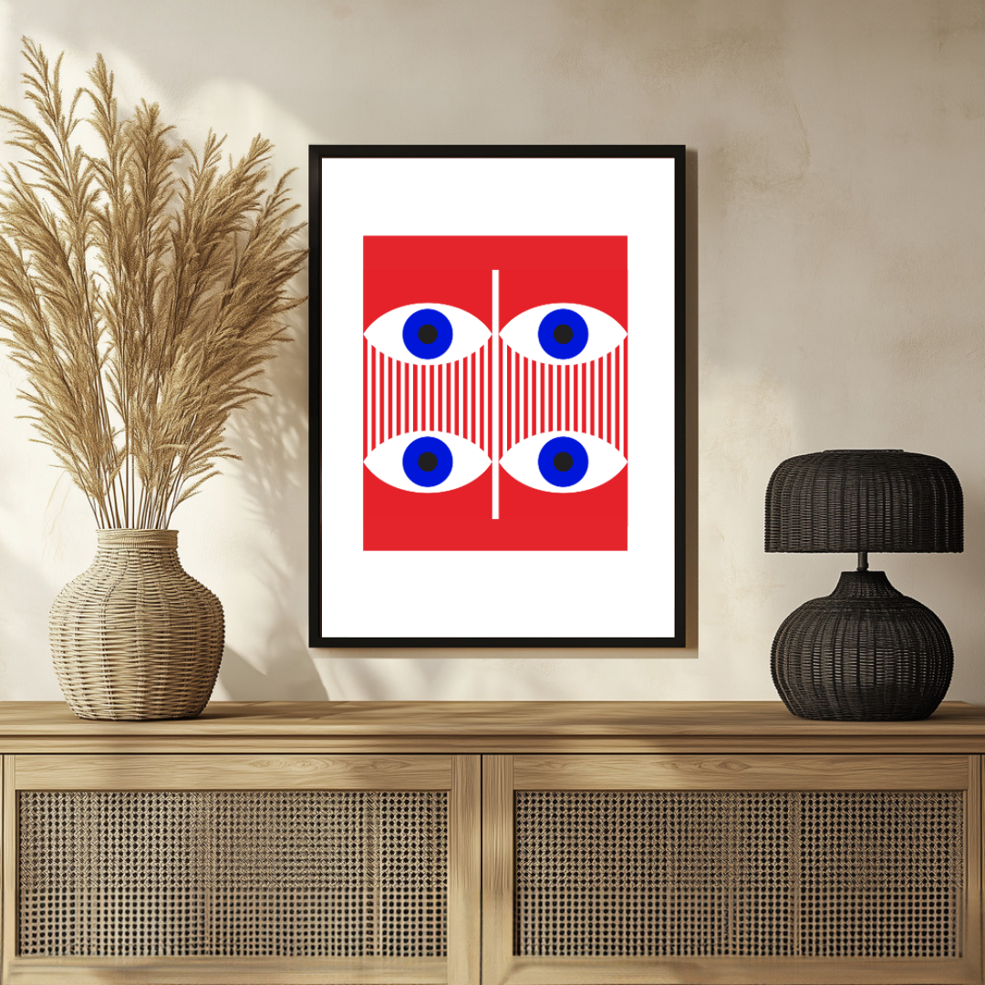 Mid-Century Pop Art Geometric Eyes Wall Art | Retro Red & Blue Framed Print 2 : 3 Vertical Premium Wall Art Canvas by MeriDeewar