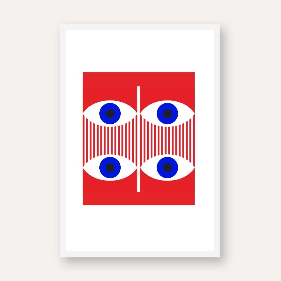 Mid-Century Pop Art Geometric Eyes Wall Art | Retro Red & Blue Framed Print 2 : 3 Vertical Premium Wall Art Canvas by MeriDeewar