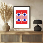 Mid-Century Pop Art Geometric Eyes Wall Art | Retro Red & Blue Framed Print 2 : 3 Vertical Premium Wall Art Canvas by MeriDeewar
