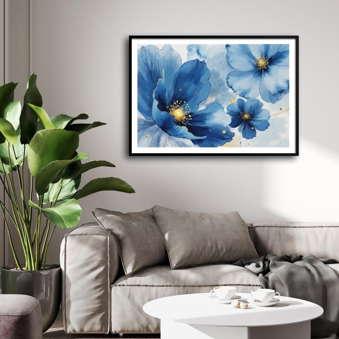 Midnight Blossoms — Blue Floral Canvas Wall Art 2 : 3 Horizontal Premium Wall Art Canvas by MeriDeewar