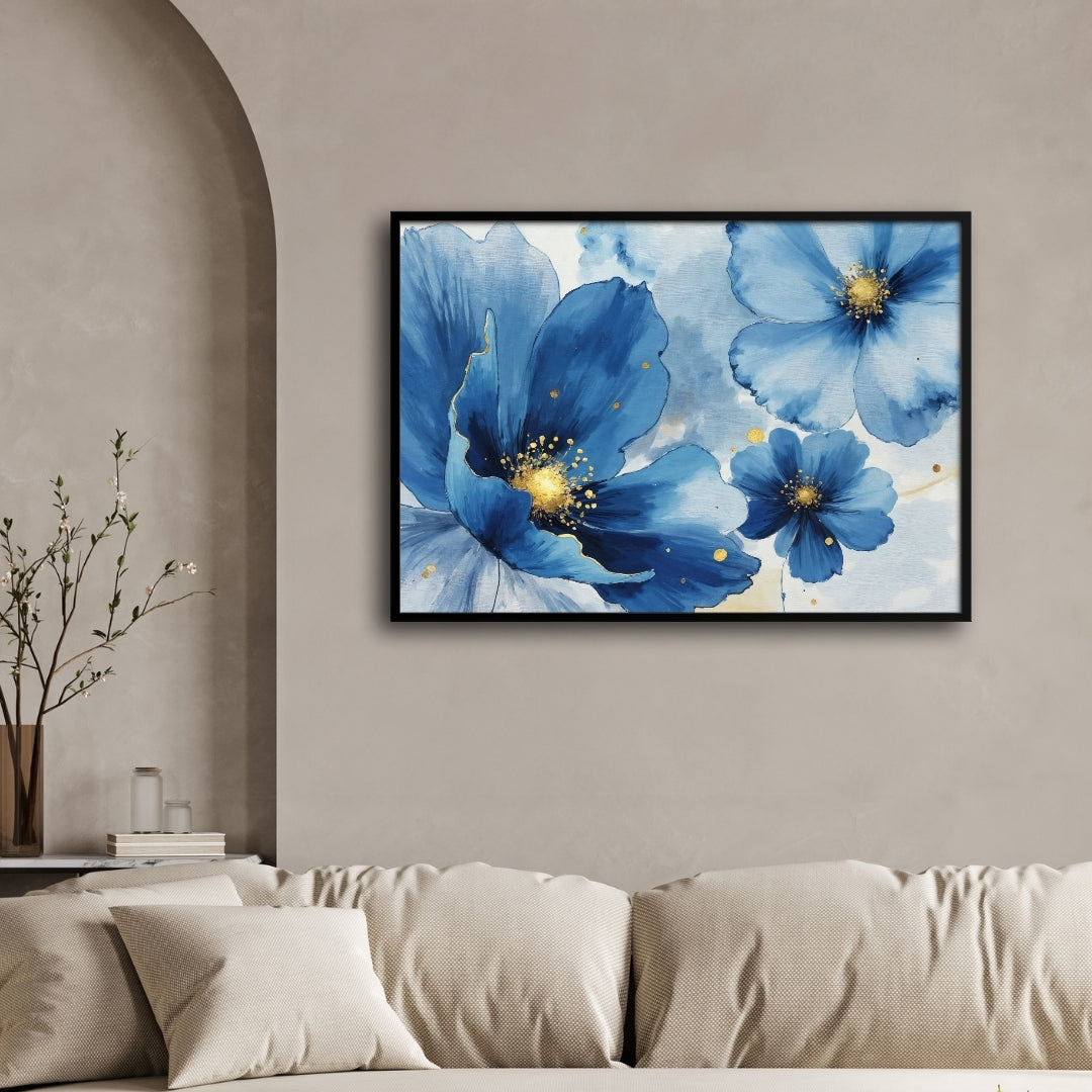 Midnight Blossoms — Blue Floral Canvas Wall Art 2 : 3 Horizontal Premium Wall Art Canvas by MeriDeewar
