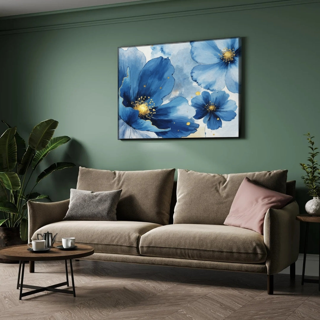 Midnight Blossoms — Blue Floral Canvas Wall Art 2 : 3 Horizontal Premium Wall Art Canvas by MeriDeewar