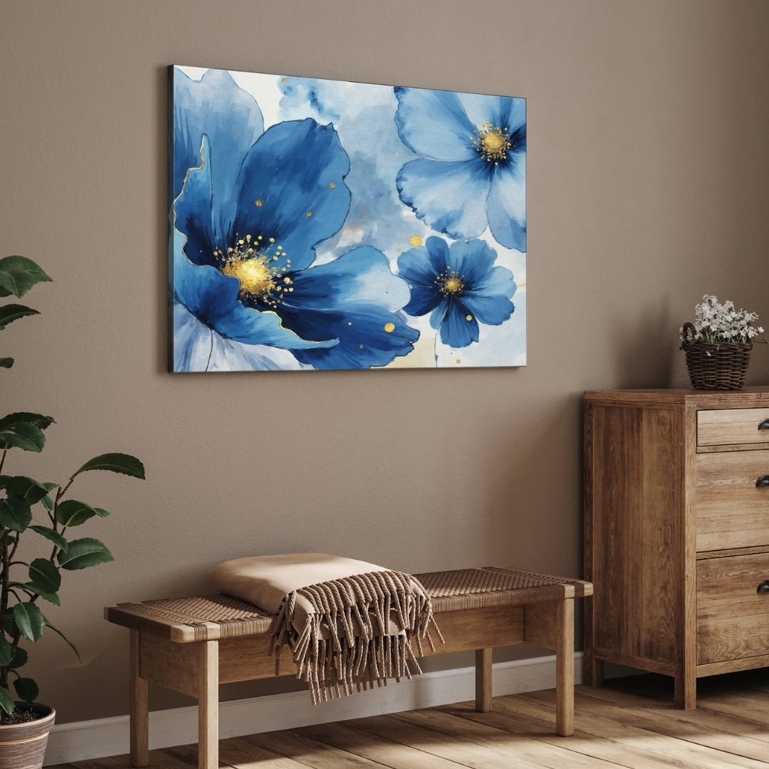 Midnight Blossoms — Blue Floral Canvas Wall Art 2 : 3 Horizontal Premium Wall Art Canvas by MeriDeewar