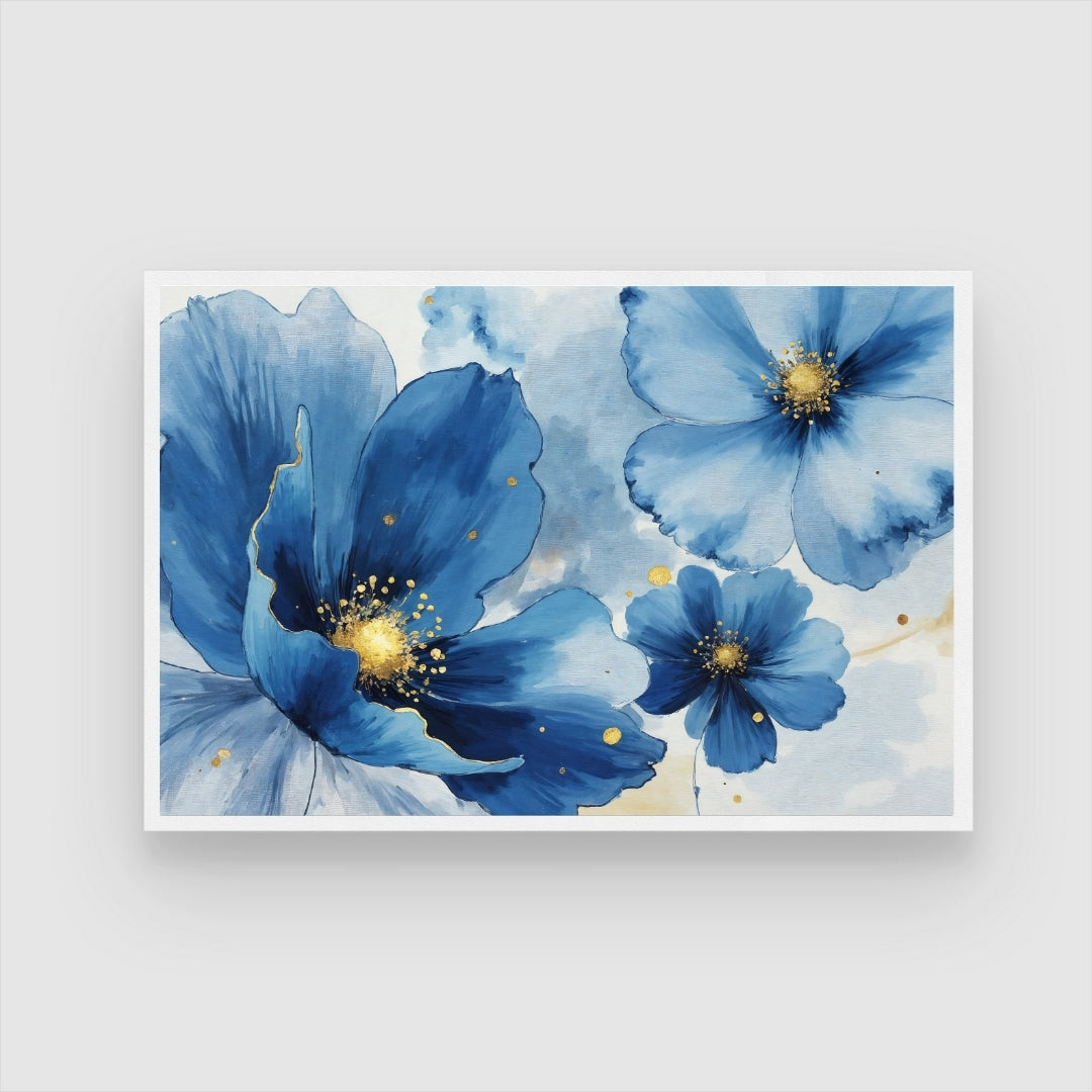 Midnight Blossoms — Blue Floral Canvas Wall Art 2 : 3 Horizontal Premium Wall Art Canvas by MeriDeewar