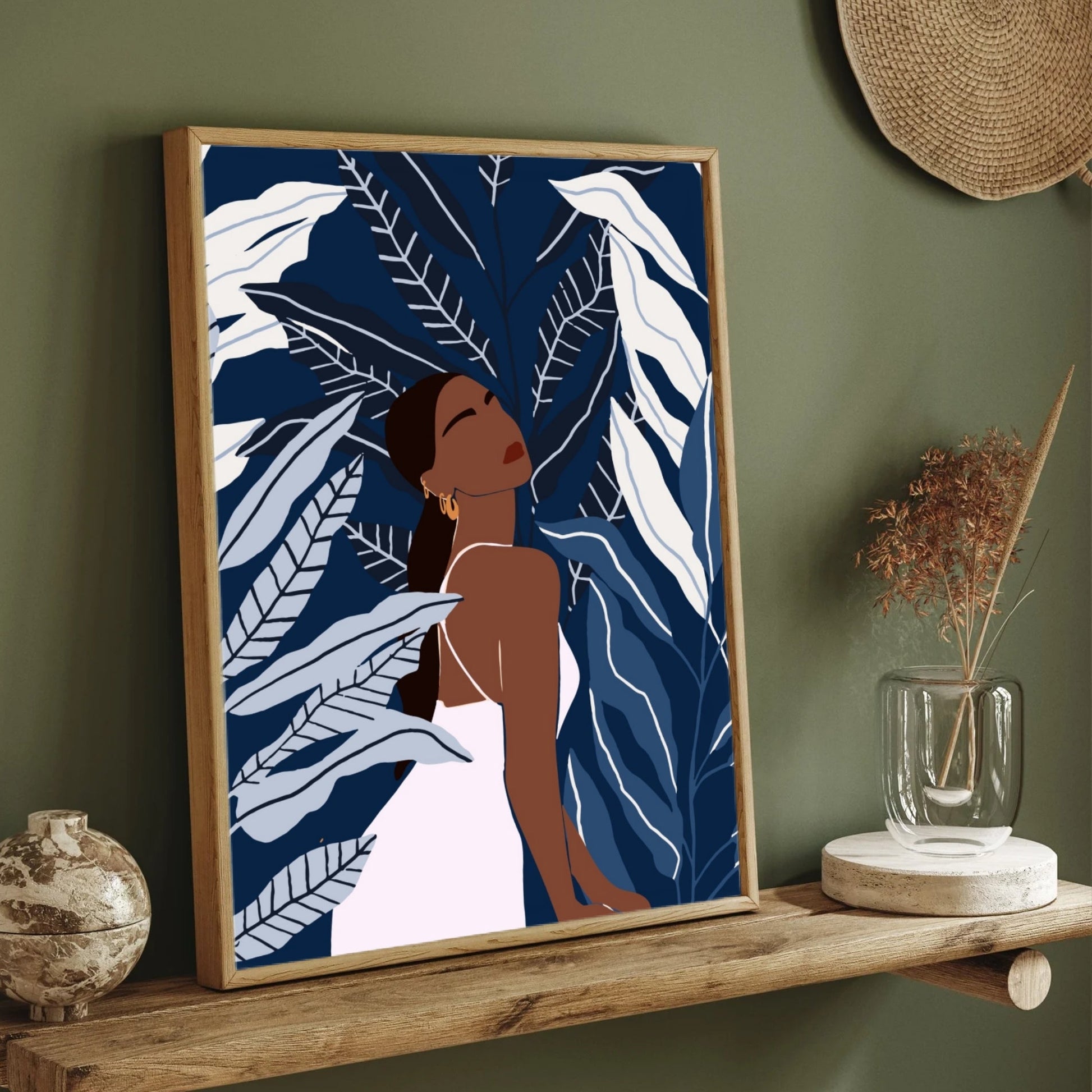 Midnight Grace – Modern Woman with Tropical Leaves Wall Art Print 2 : 3 Vertical Premium Wall Art Canvas by MeriDeewar
