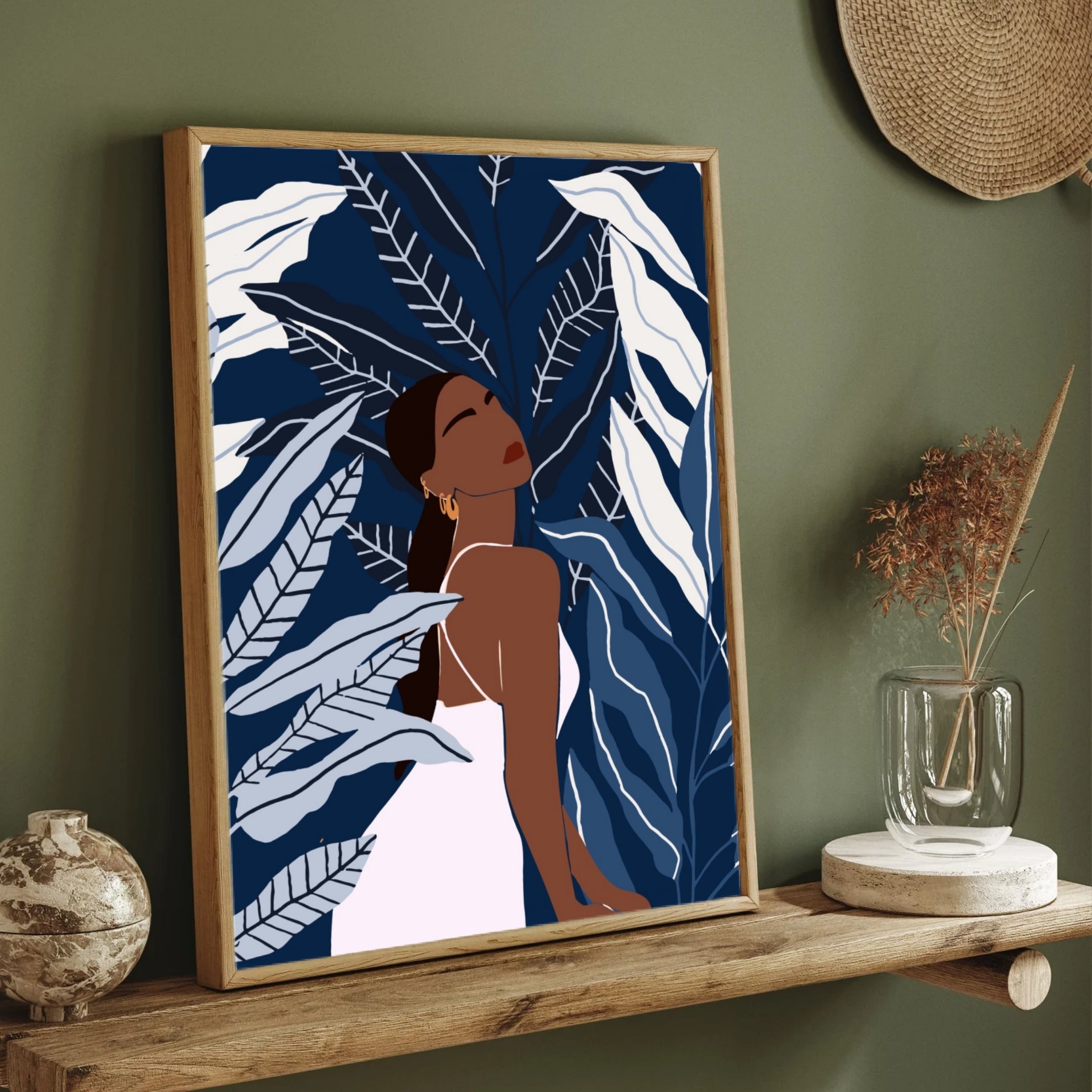 Midnight Grace – Modern Woman with Tropical Leaves Wall Art Print 2 : 3 Vertical Premium Wall Art Canvas by MeriDeewar