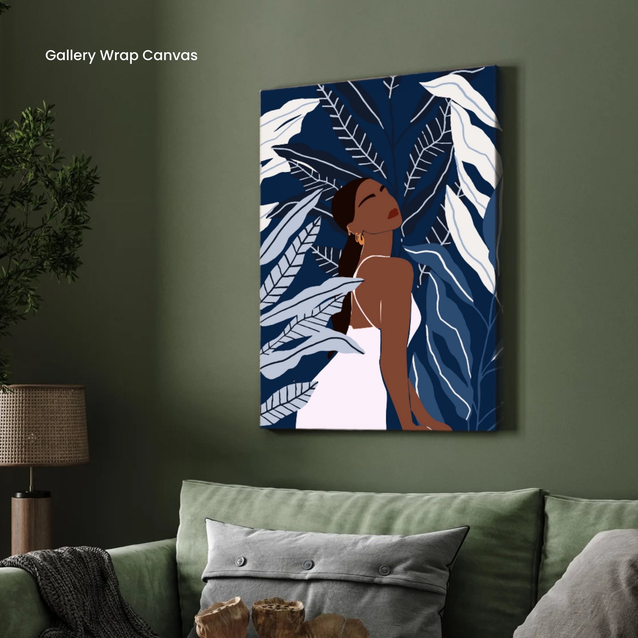 Midnight Grace – Modern Woman with Tropical Leaves Wall Art Print 2 : 3 Vertical Premium Wall Art Canvas by MeriDeewar