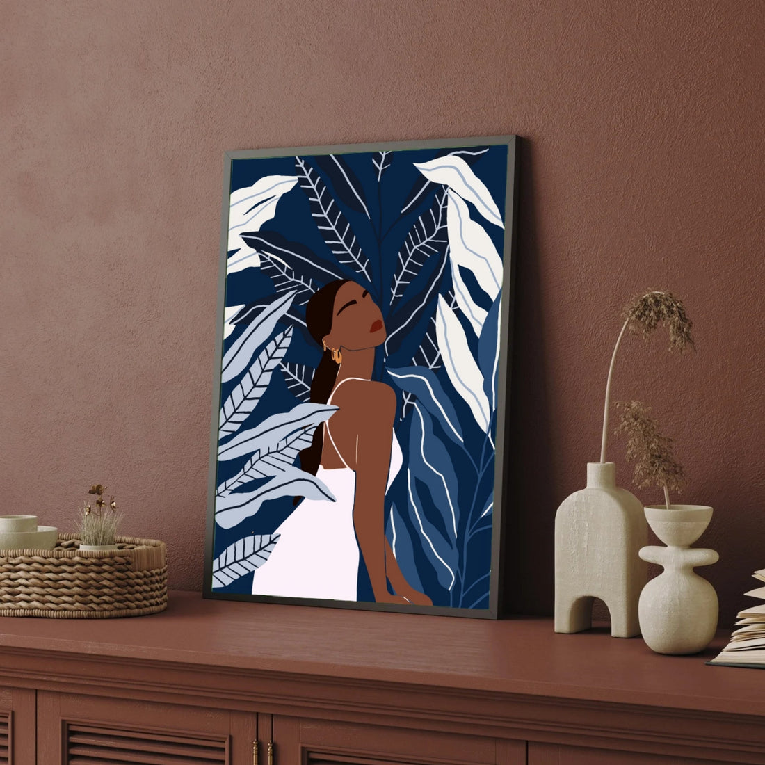 Midnight Grace – Modern Woman with Tropical Leaves Wall Art Print 2 : 3 Vertical Premium Wall Art Canvas by MeriDeewar