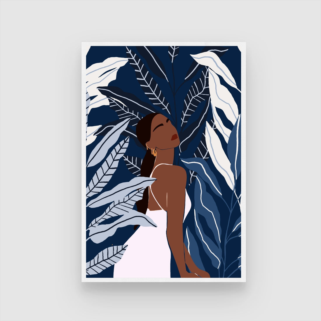 Midnight Grace – Modern Woman with Tropical Leaves Wall Art Print 2 : 3 Vertical Premium Wall Art Canvas by MeriDeewar
