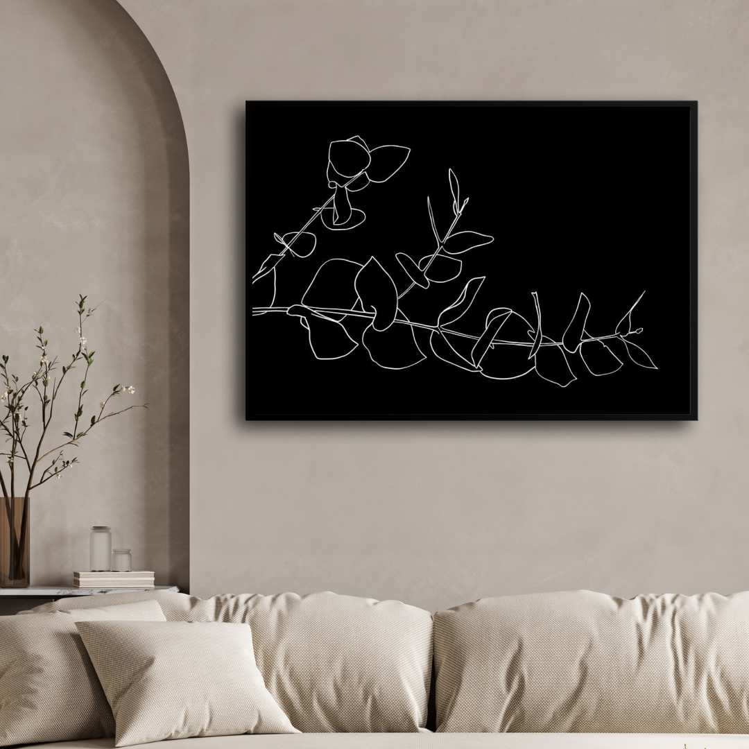 Minimalist Abstract Eucalyptus Leaves Line Art Poster | Horizontal Contemporary Boho White Framed Wall Art 2 : 3 Horizontal Premium Wall Art Canvas by MeriDeewar