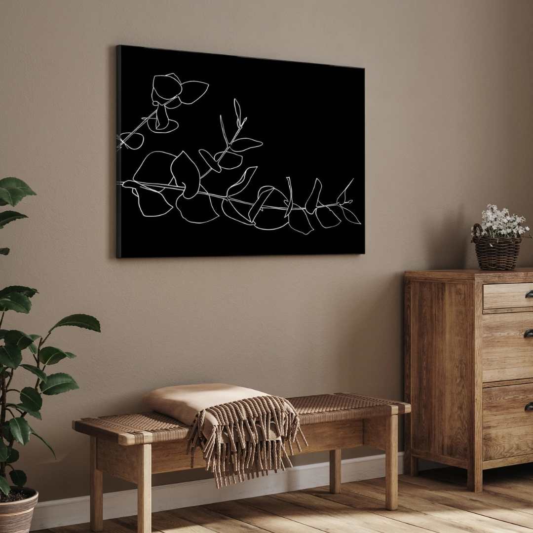 Minimalist Abstract Eucalyptus Leaves Line Art Poster | Horizontal Contemporary Boho White Framed Wall Art 2 : 3 Horizontal Premium Wall Art Canvas by MeriDeewar