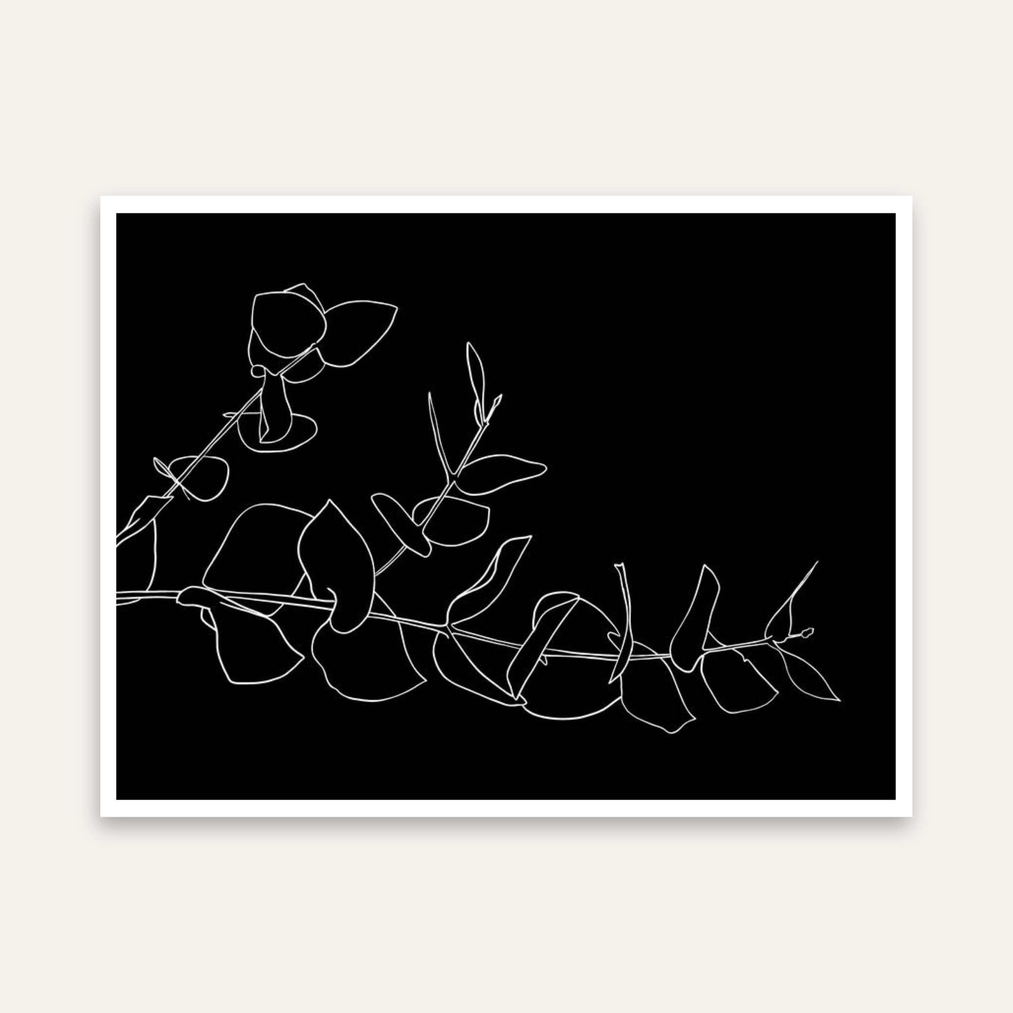 Minimalist Abstract Eucalyptus Leaves Line Art Poster | Horizontal Contemporary Boho White Framed Wall Art 2 : 3 Horizontal Premium Wall Art Canvas by MeriDeewar