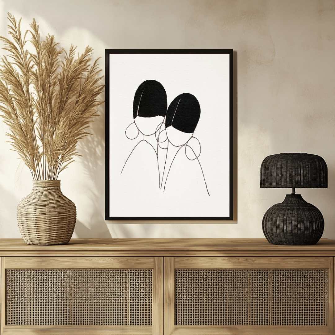 Minimalist Abstract Twin Figures Line Art Poster | Vertical Contemporary Boho White Framed Wall Art 2 : 3 Vertical Premium Wall Art Canvas by MeriDeewar