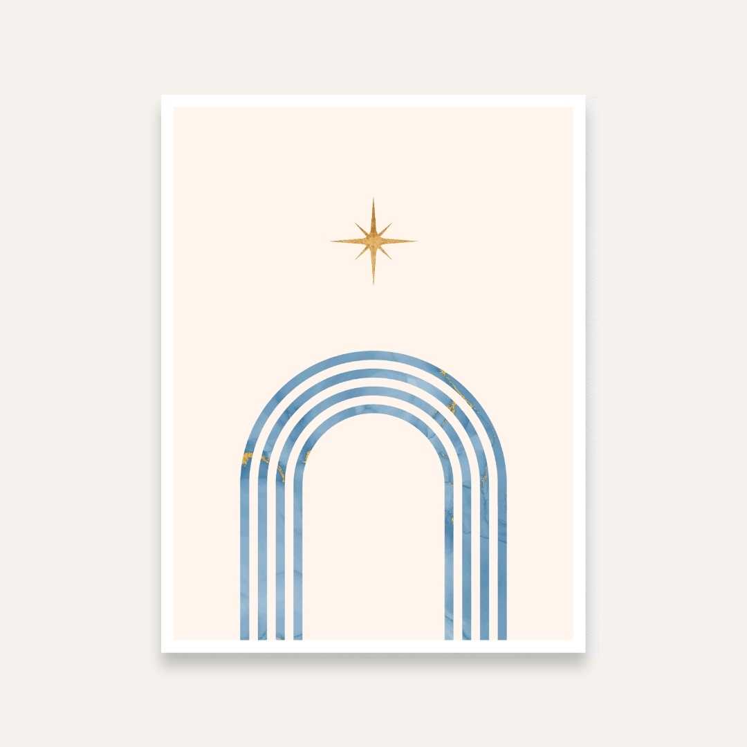 Minimalist Blue Arch Wall Painting for Living Room | Boho Star Gold Accent Art Print 3 : 4 Vertical Premium Wall Art Canvas by MeriDeewar