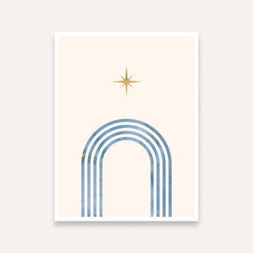 Minimalist Blue Arch Wall Painting for Living Room | Boho Star Gold Accent Art Print 3 : 4 Vertical Premium Wall Art Canvas by MeriDeewar