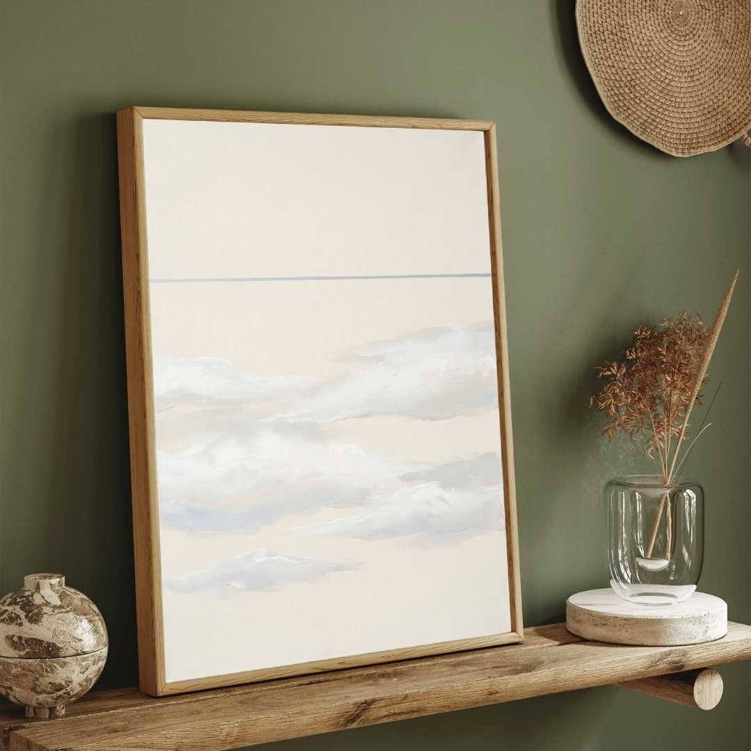 Minimalist Ethereal Clouds Landscape Painting | Vertical White Framed Wall Art 3 : 4 Vertical Premium Wall Art Canvas by MeriDeewar