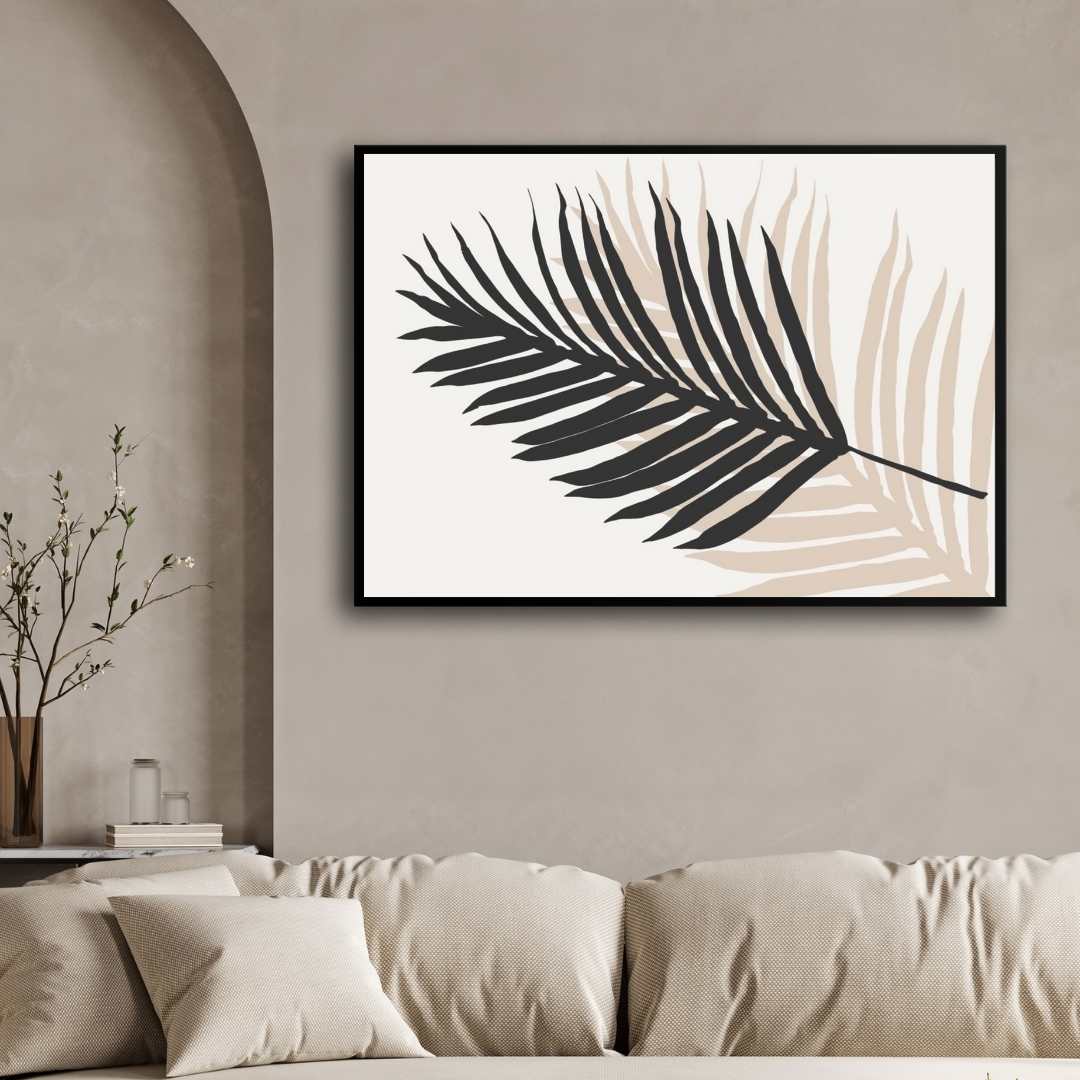 Minimalist Layered Palm Leaves Poster | Horizontal Contemporary Boho White Framed Wall Art 2 : 3 Horizontal Premium Wall Art Canvas by MeriDeewar