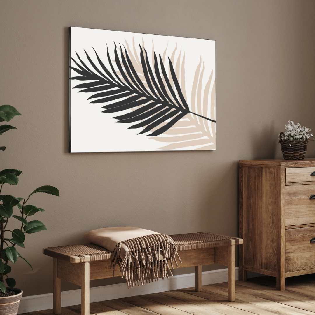 Minimalist Layered Palm Leaves Poster | Horizontal Contemporary Boho White Framed Wall Art 2 : 3 Horizontal Premium Wall Art Canvas by MeriDeewar