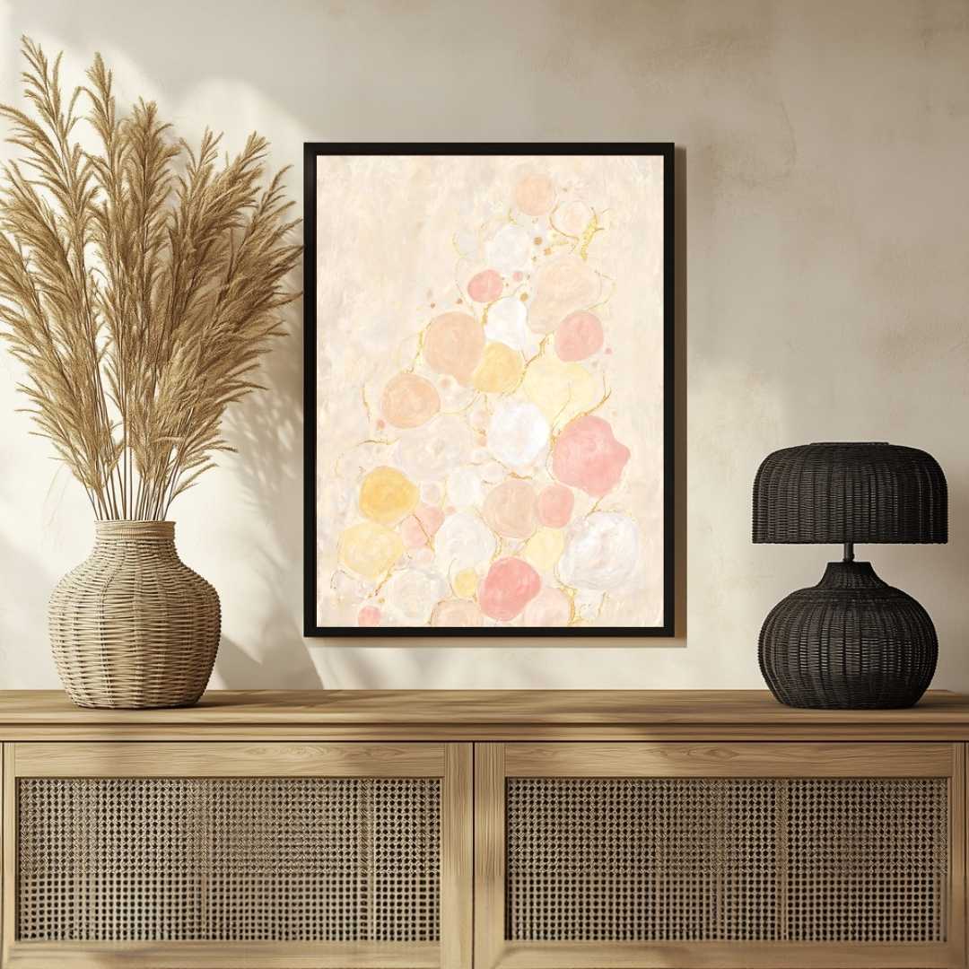 Minimalist Pastel Bubbles & Gold Leaf Painting | Vertical Modern Boho White Framed Wall Art 3 : 4 Vertical Premium Wall Art Canvas by MeriDeewar