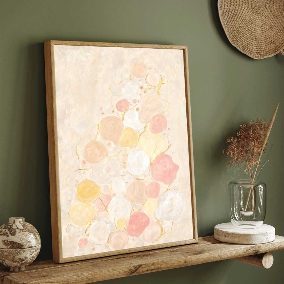 Minimalist Pastel Bubbles & Gold Leaf Painting | Vertical Modern Boho White Framed Wall Art 3 : 4 Vertical Premium Wall Art Canvas by MeriDeewar